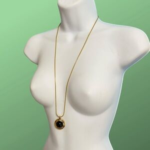 Gold Tone Snake Chain Black Cabachon Long Necklace